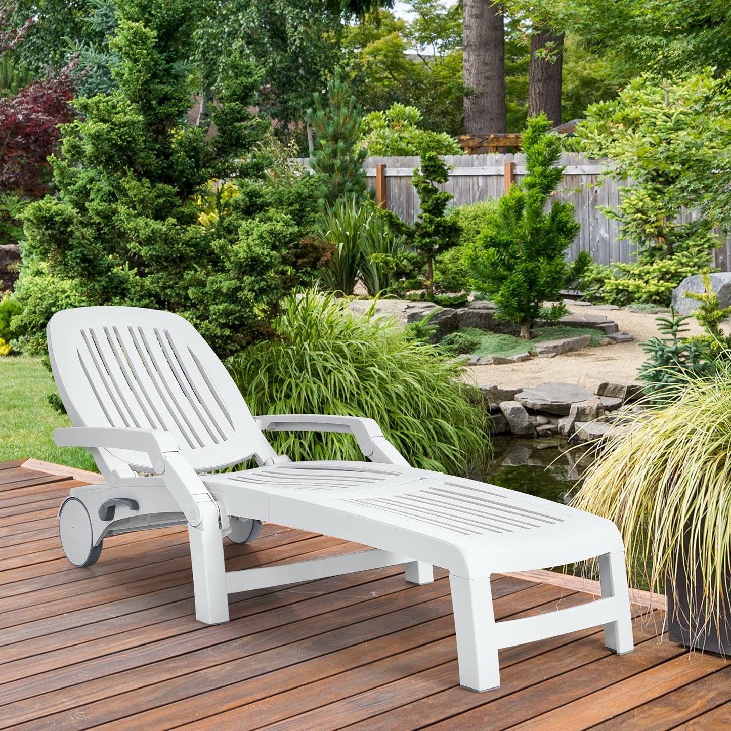 Tangkula Outdoor Chaise Lounge Chair, 5-Position Adjustable Recliner with Storage Box and Flexible Wheels, All-Weather Folding Patio Lounge Chair for Poolside, Beach and Backyard (2, White)