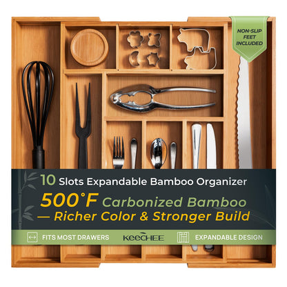 keechee Carbonized Bamboo Kitchen Drawer Organizer, 10 Slots Expandable Silverware Organizer, Utensil Holder & Cutlery Tray, 2.2" Deep for Extra Capacity, Non-Slip Feet Included