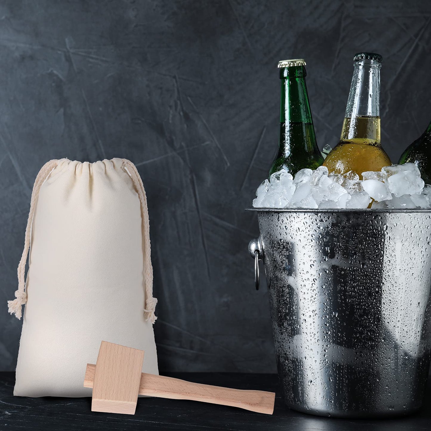 4 Pcs Lewis Bag and Ice Mallet Set, 11.8 x 7.9 Inch Reusable Canvas Crushed Ice Bags with Wooden Handle Hammer Crushers Stainless Steel Pick with Safety Cover for Bar Bartender Tools Kit