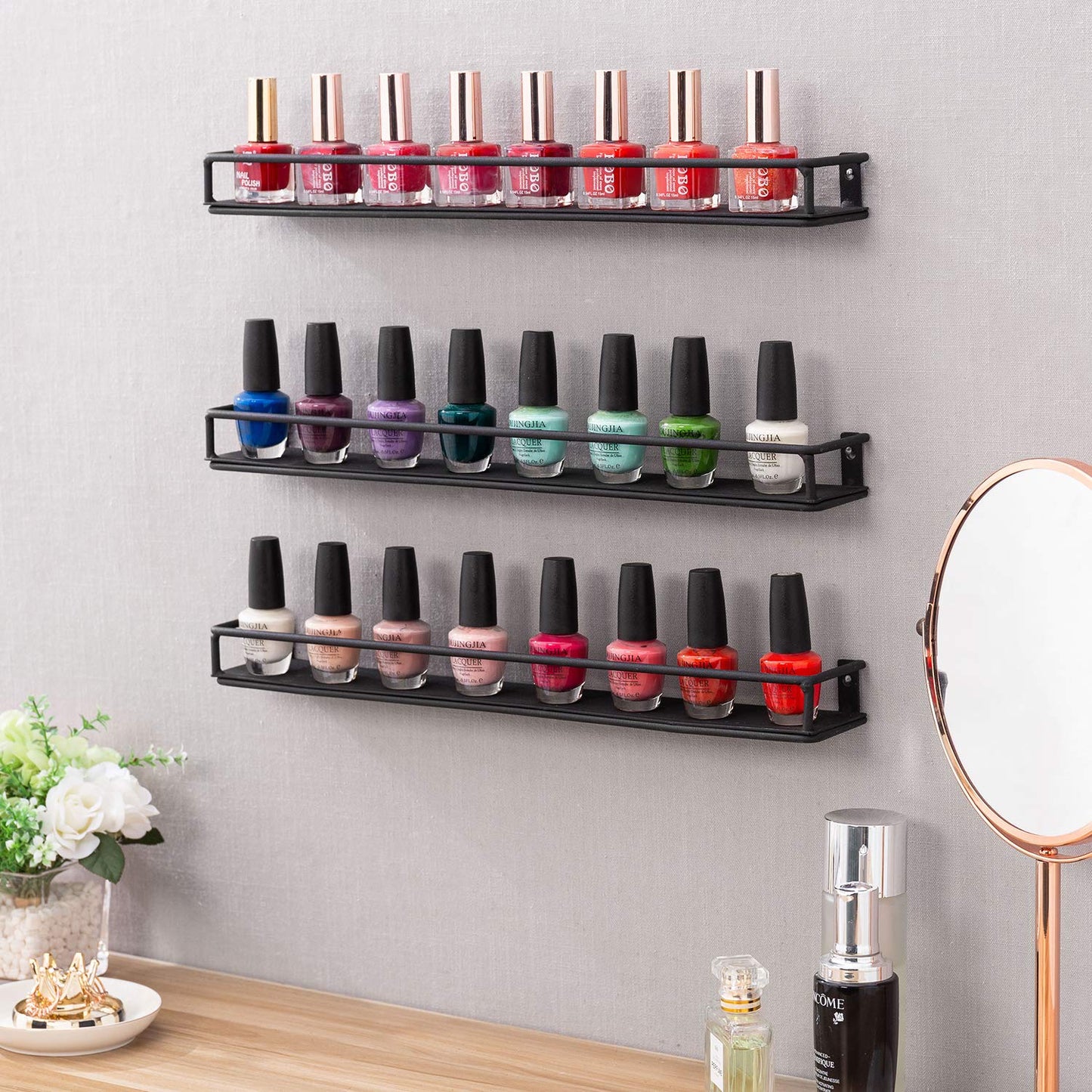 MyGift 16 Inch Wall Mounted Black Metal Nail Polish and Essential Oil Display Shelves, Kitchen Hanging Racks for Seasoning Shakers or Spice Jars, Set of 5