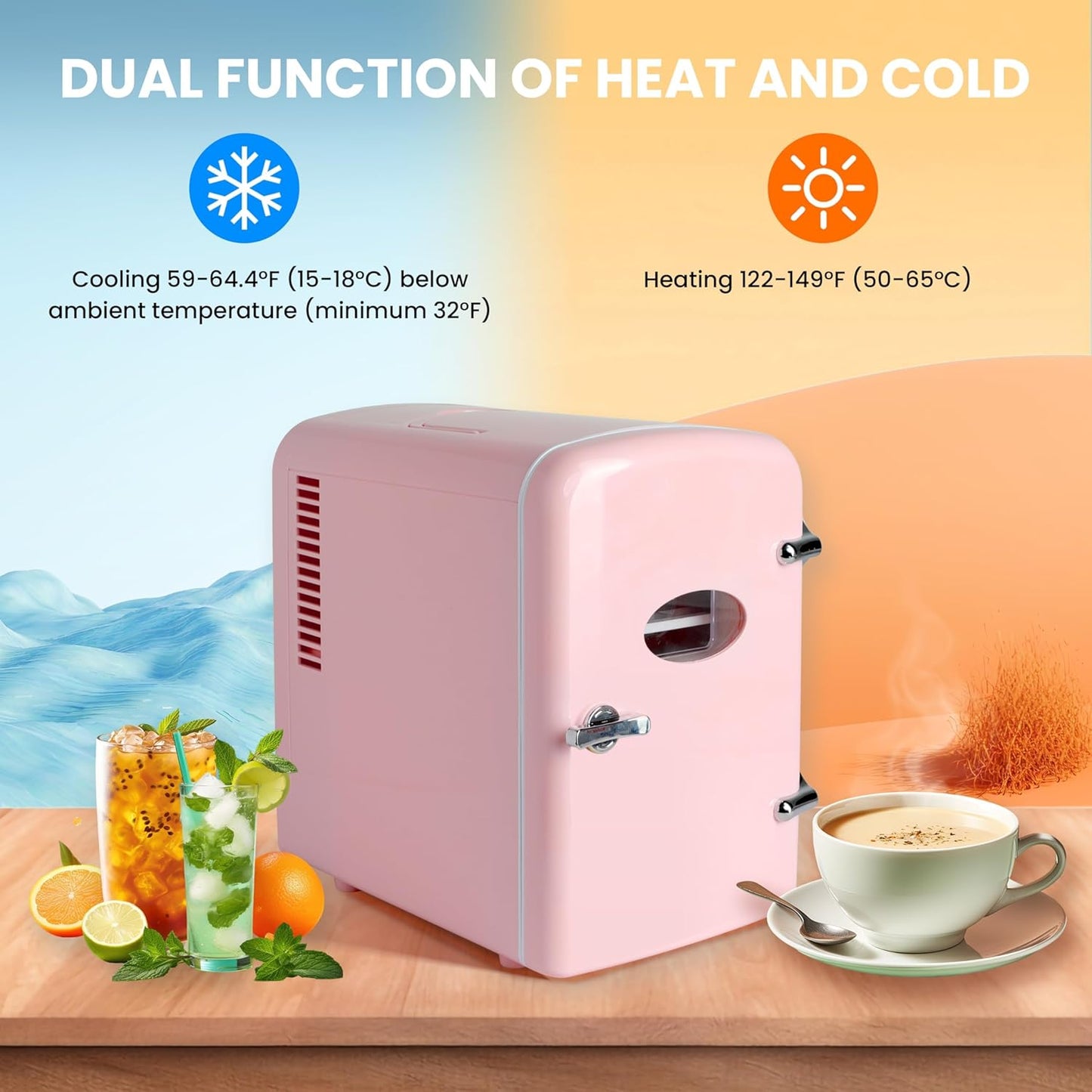 HealSmart 4 Liter Portable Mini Fridge - 6 Can Cooler and Warmer with Observation Window, Eco Friendly, Pink