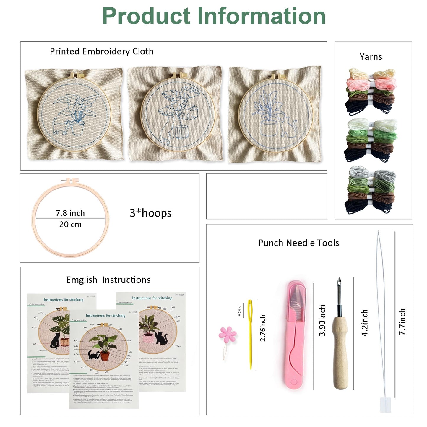 Myfelicity Punch Needle Kit for Adults, Beginners, Cat and Greenery Patterns, Includes Punching Needle Supplies