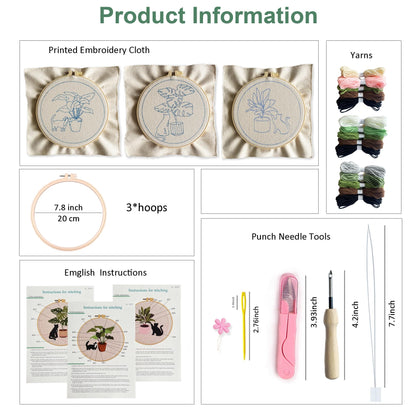 Myfelicity Punch Needle Kit for Adults, Beginners, Cat and Greenery Patterns, Includes Punching Needle Supplies