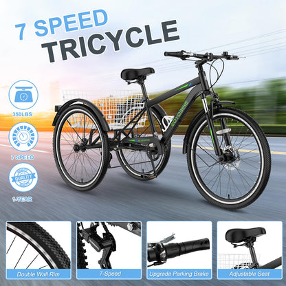 Slsy Adult Mountain Tricycle, 7 Speed Three Wheel Bike, 24/26 Inch Adults Trikes for Seniors with Shopping Basket, Exercise Men's Women's Tricycles