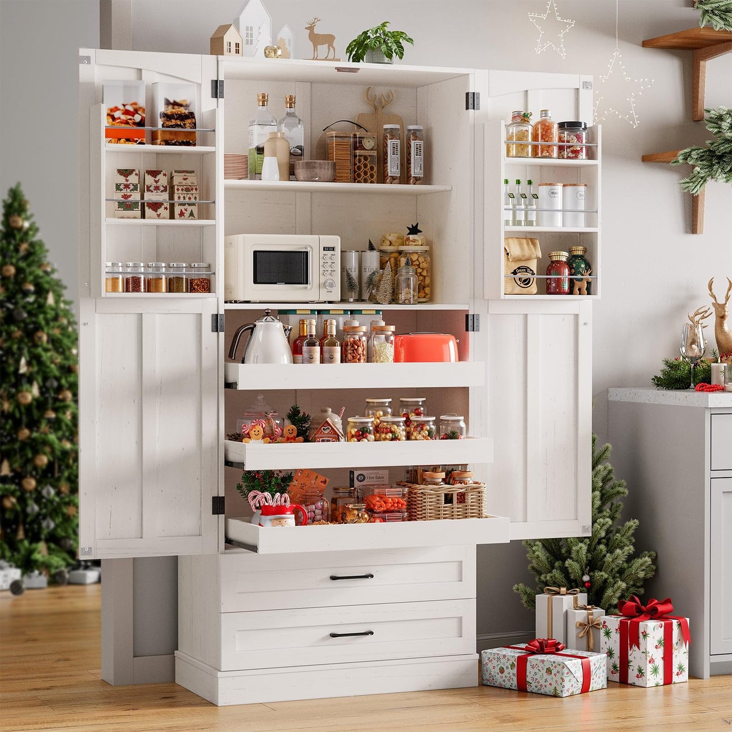 ONBRILL 71" Tall Farmhouse Kitchen Pantry Cabinet with 3 Pull Out Shelves & 2 Large Drawers, Pantry Storage Cabinet with 6 Door Shelf & Adjustable Shelf, Freestanding Cupboard for Kitchen, Dining Room