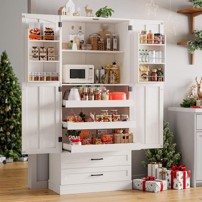 ONBRILL 71" Tall Farmhouse Kitchen Pantry Cabinet with 3 Pull Out Shelves & 2 Large Drawers, Pantry Storage Cabinet with 6 Door Shelf & Adjustable Shelf, Freestanding Cupboard for Kitchen, Dining Room