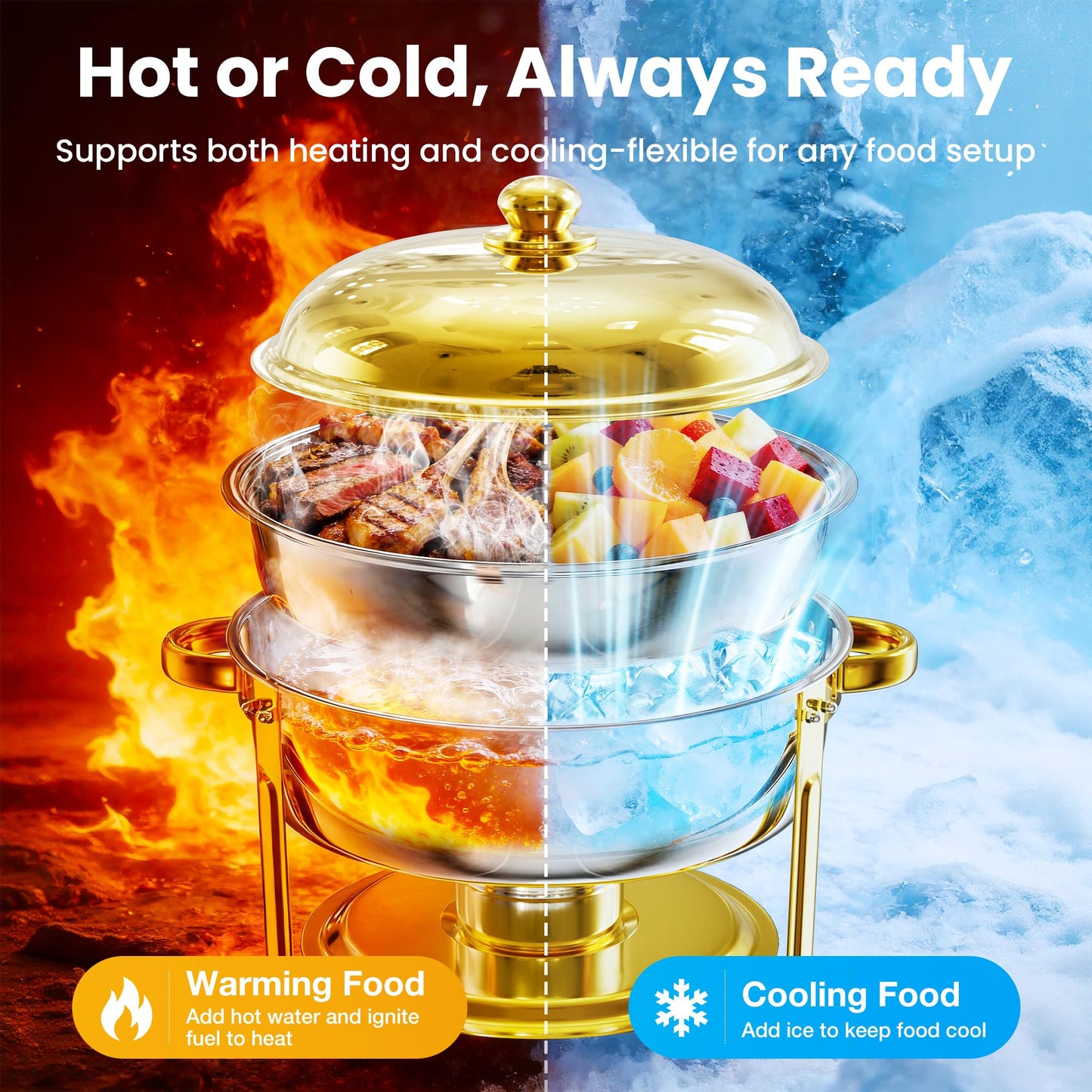 WARMOUNTS 6.5QT Gold Chafing Dishes for Buffet 6 Pack, Stainless Steel Round Chafers and Buffet Warmers Sets with Lid Holder, Rolled Rim Process, Stackable Design, for Catering, Parties, Weddings