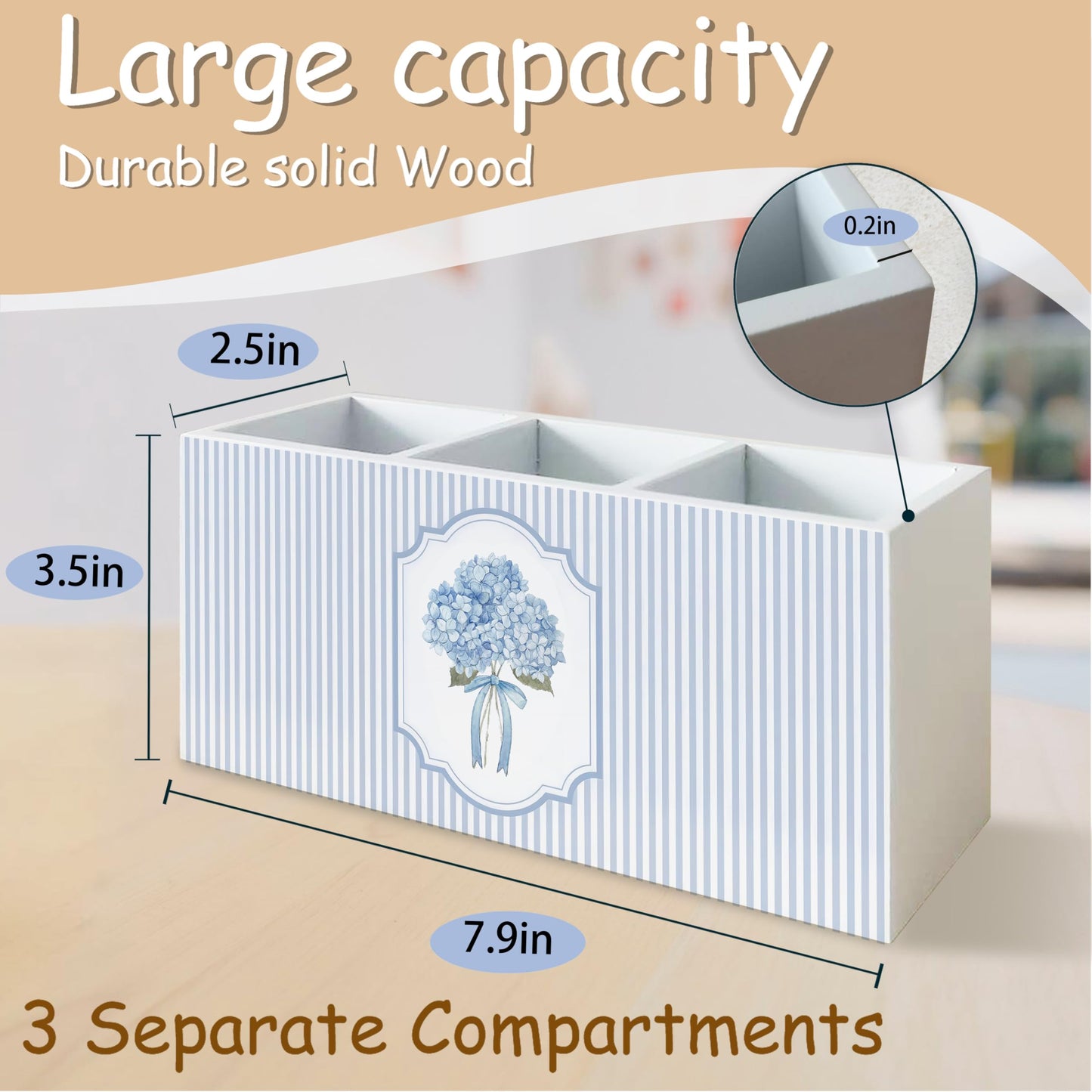 YTRGI Hydrangea Pen Pencil Holder Organizer for Desk, Hydrangea Gifts, Hydrangeas Kitchen Cooking Makeup Brush Utensil Holder, Blue and White Bow Floral Wooden Box Sign for Home Office Tabletop Decor