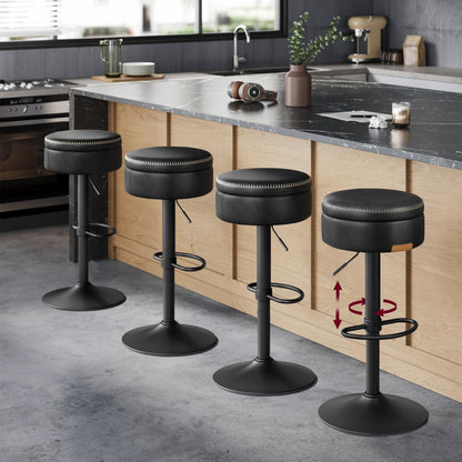 VASAGLE EKHO Collection - 360° Swivel Bar Stools Set of 4, Height Adjustable Barstools with Storage, Synthetic Leather with Stitching, Mid-Century Modern, Kitchen Bar, Easy Assembly, Ink Black