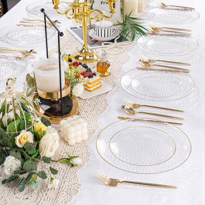 Rubtlamp 60Pcs Clear Plastic Plates,Clear Disposable Plates With Gold Rim,Heavy-duty Gold Plates,Hammered Party Plates Include 30Clear Dessert-Platos,30Dinner-Platos for Wedding, Party
