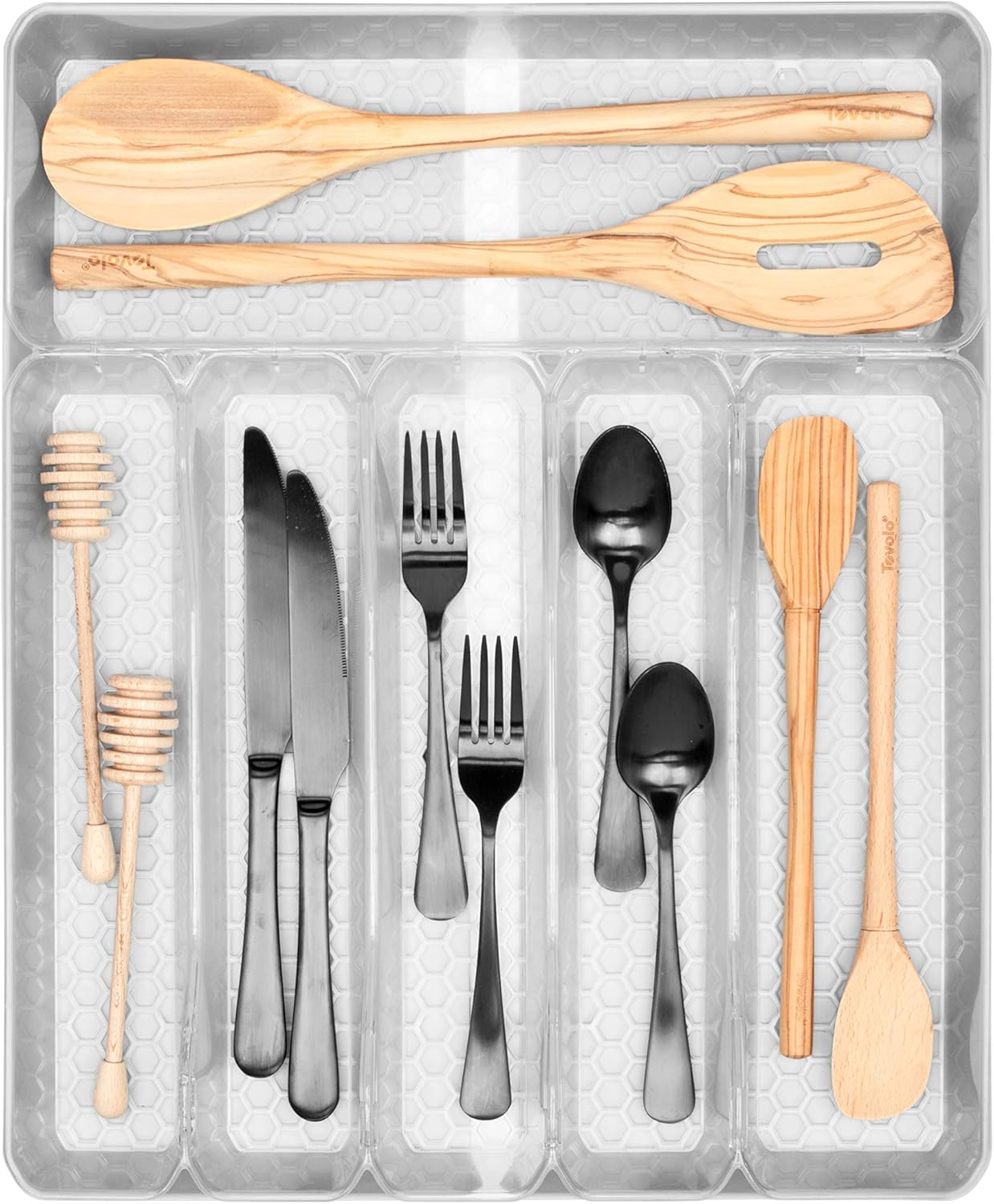Spectrum Diversified Hexa Expandable Divided Drawer Organizer Tray for Kitchen Cutlery, 13 x 16, Clear