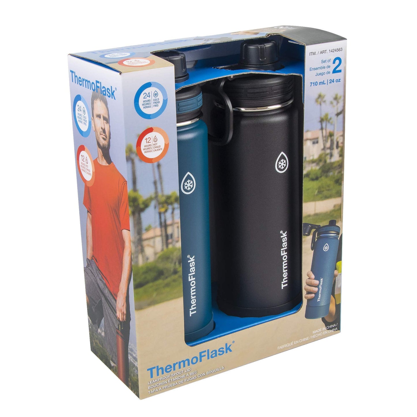 ThermoFlask Stainless Steel Water Bottles 2-Pack - Double-Wall Vacuum Insulated 24 oz BPA-Free Spout Lids - Keeps Drinks Cold 24 Hrs, Hot 12 Hrs - Leakproof, Dishwasher Safe, Mayan Blue/Black