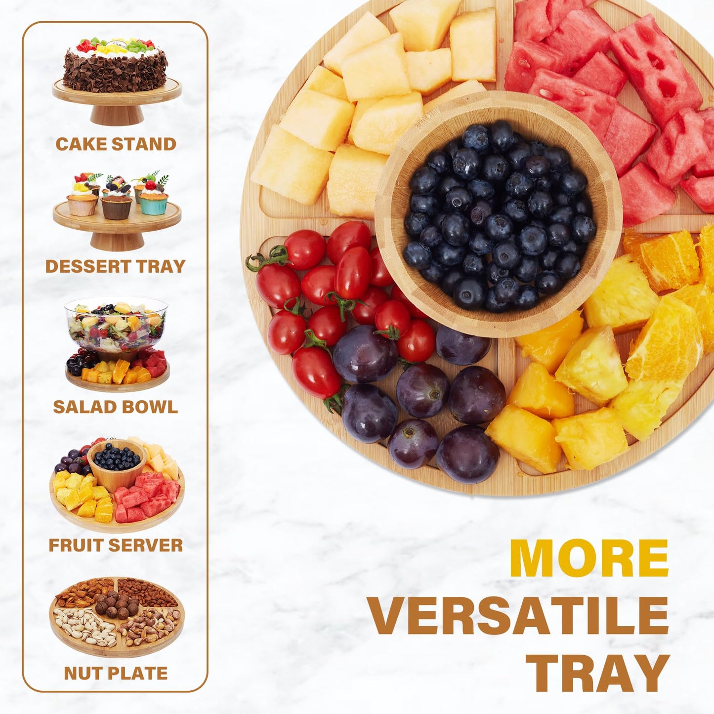 Timboops Home Bamboo Cake Stand with Lid, 6-in-1 Multifunctional Cake Plate, Cake Holder, Serving Tray, Fruit Platter, Salad Bowl, Dessert Table Display & Acrylic Cake Dome Cover