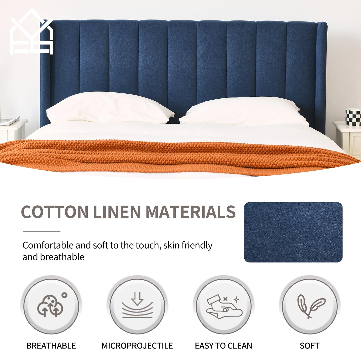YUHUASHI upholstered Platform Bed Frame/Full Bed Frame/Modern Geometric Double-Wing Design headboard/Linen Fabric/Easy to Assemble no Noise (Navy Blue, Full)