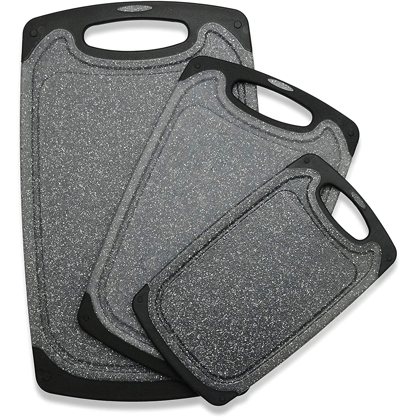 Viretang Plastic Cutting Boards Set of 3 Extra Large for Kitchen, Thick Chopping Board with Deep Juice Grooves, Non‑Slip Feet, Easy Grip Handle, BPA Free, Dishwasher Safe,Black