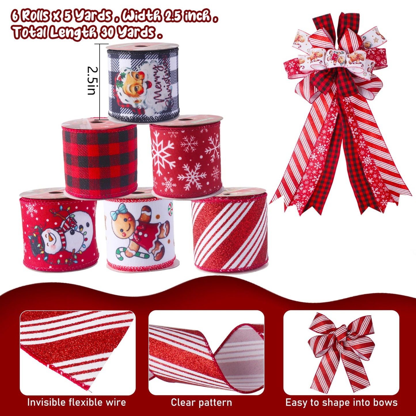 Rinoly Christmas Ribbon Wired 2.5 Inch, 6 Roll 30 Yards - Snowflake/Santa/Glitter Stripe/Buffalo Plaid Christmas Ribbon for Wreaths, Bows, Tree, DIY Crafts
