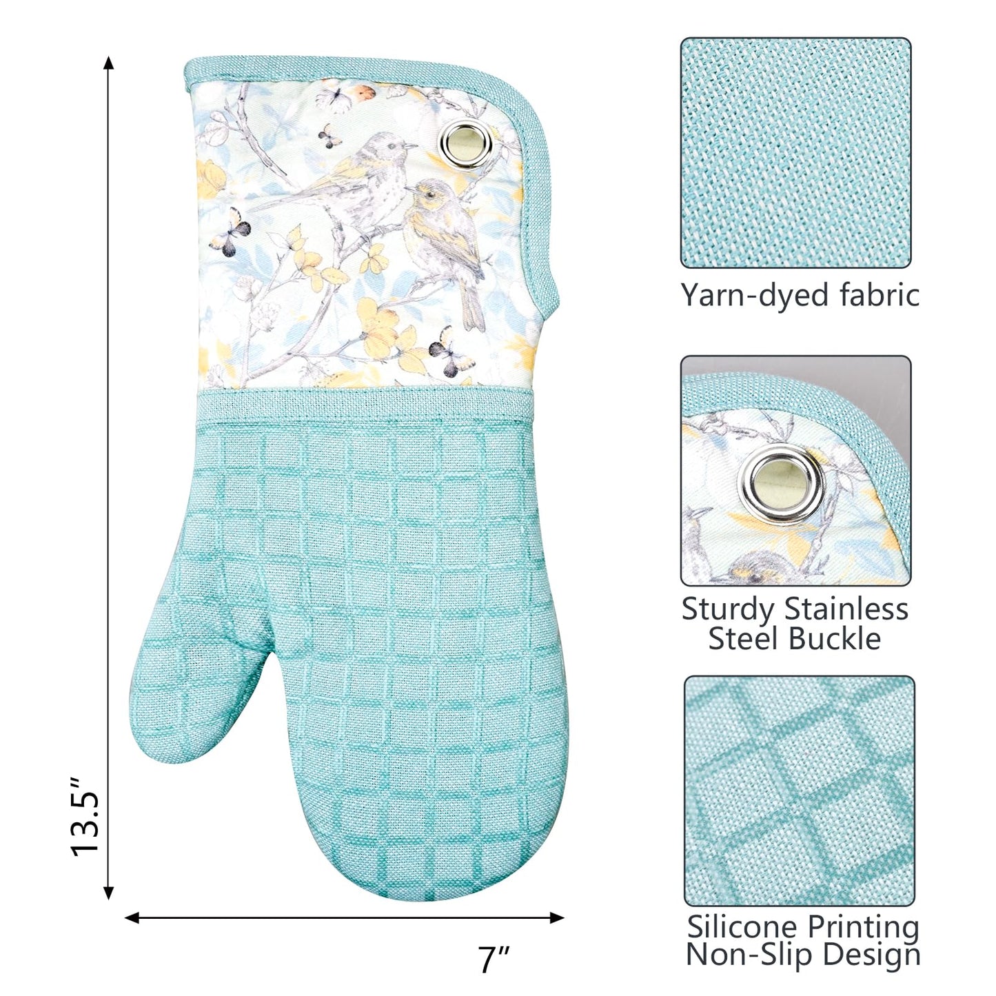 Silicone Printing Oven Mitts Heat Resistant to 500 Degree,Yarm-Dyed Oven Gloves with Animal Design Non-Slip for Kitchen Cooking Barbecue Baking and Machine Washable. (Light Blue Mitts)