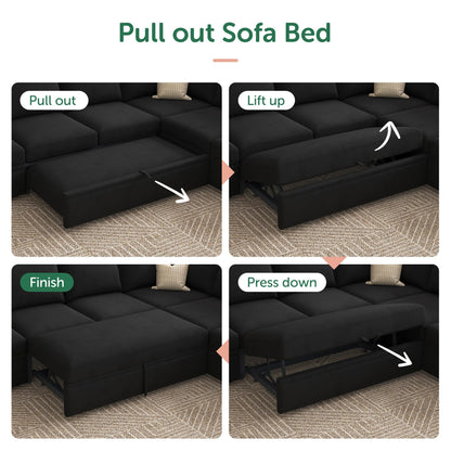 HONBAY Sectional Sleeper Couch with Pull Out Bed, U Shaped Sectional Sofa with Storage, Modular Velvet Sectional Couches for Living Room, Black