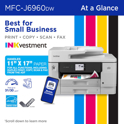 Brother INKvestment 6960 Wireless Color Inkjet All-in-One Printer with 11”x17” Capabilities and 3.5” Color Touchscreen | Includes Refresh Subscription Trial(1) (MFC-J6960DW)