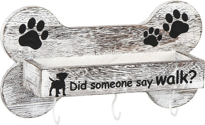 J JACKCUBE DESIGN Rustic White Bone Shape Wall Mounted Dog Leash Holder - 3 Key Holder Hooks and Extra Storage Box