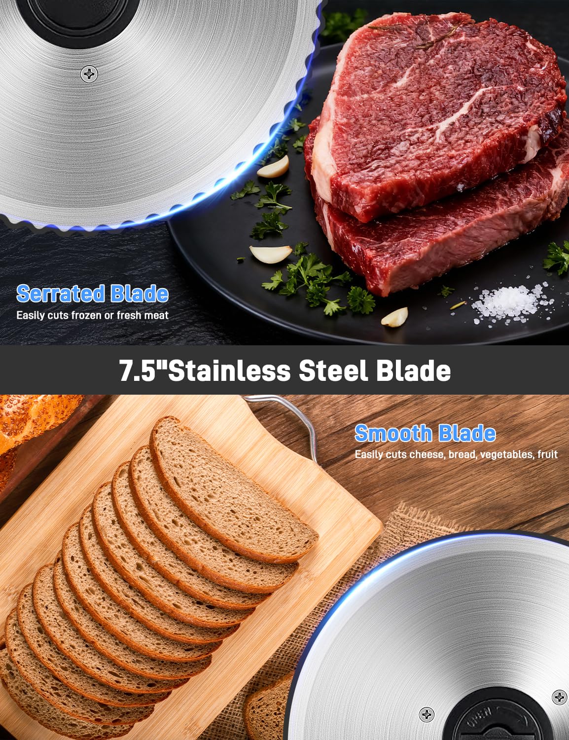 Meat Slicer, DC Motor Quiet 200W Meat Slicer Machine for Home, Deli Slicer with 2 Removable 7.5'' Stainless Steel Blades, Adjustable Dial for 0-15mm, electric bread slicer for meat (200, Watts)