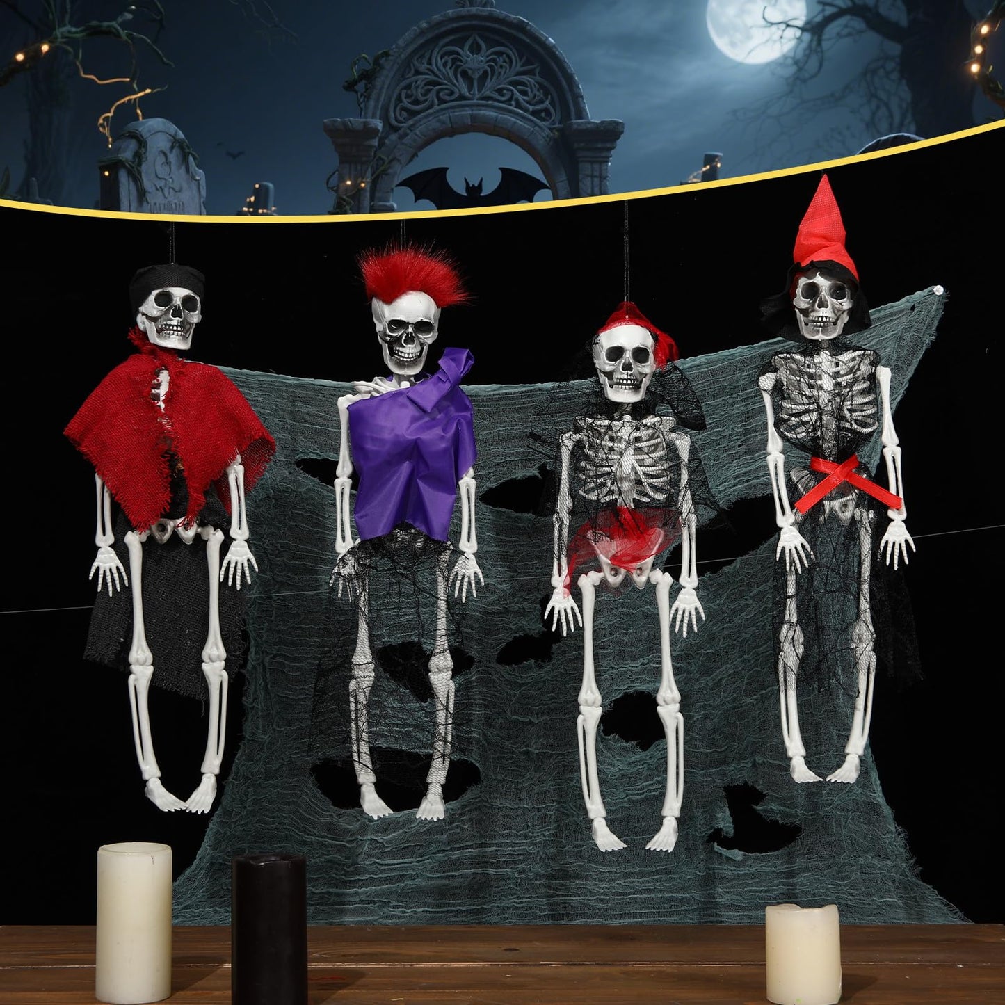 Poen 4 Pack 16" Halloween Hanging Skeleton Decorations Small Full Body Posable Skeletons with Movable Joints Plastic Mini Spooky Decor for Halloween Party Haunted House Lawn Graveyard Props(Pirate)