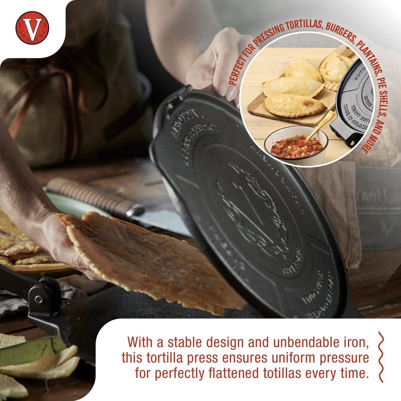 Victoria 10-Inch Cast Iron Tortilla Press HD Spherrous, Commercial-Grade Cast Iron Tortilla Maker, Roti Press, Pataconera Seasoned with Flaxseed Oil, Made in Colombia, Black