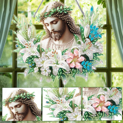 Apomelo Diamond Art Kit for Adult Jesus Religious Double-Sided Pattern Design Special Gem Diamond Art Hanging Pendant Kit Ornament for Wall Window Decor, Wreath Jesus