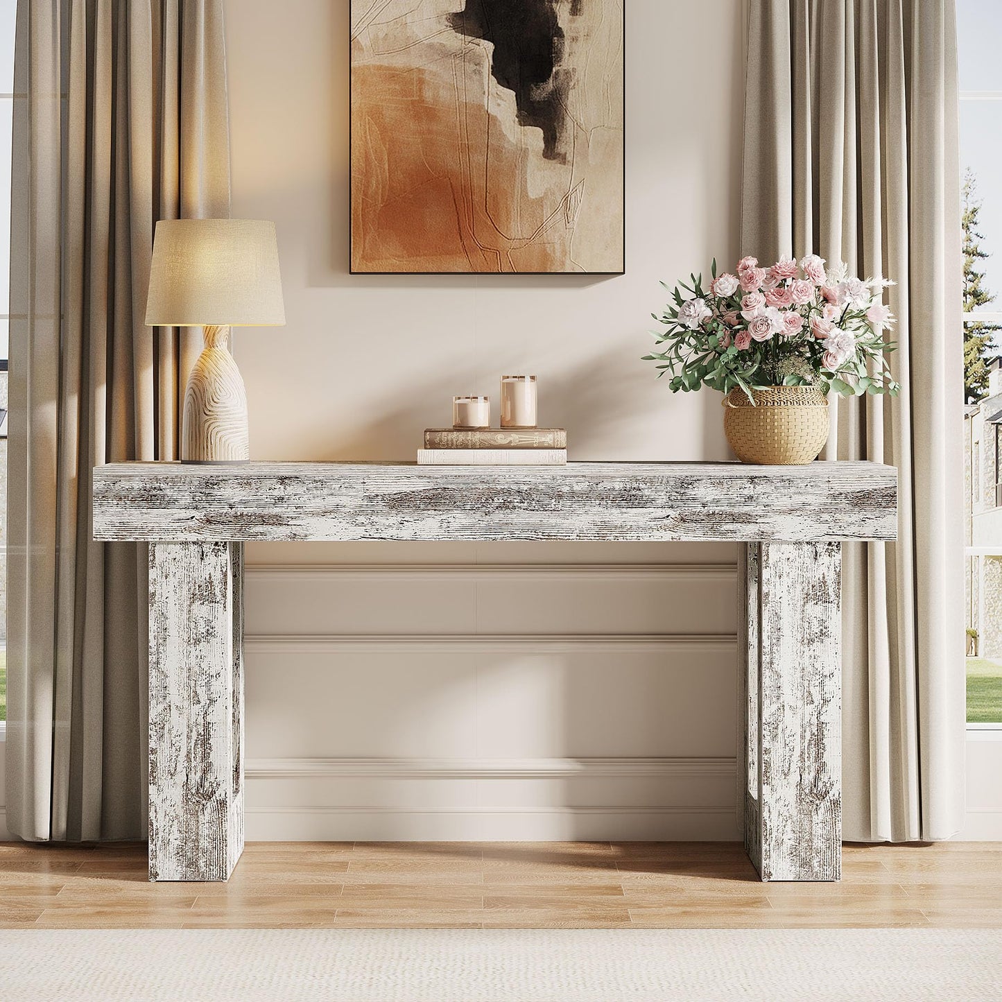 Tribesigns 63-Inch Long Console Table, Wooden Rectangular Sofa Table Behind The Couch, Farmhouse Entryway Table for Entrance, Hallway, Living Room (Distressed White)