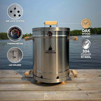 Smoked Grillers Barrel Smoker Grill Combo | 100% 304 Stainless Steel Barrel | 95% Less Smoke, Even Heat | Easy to Use & Clean – Vertical Smoker Ideal for Balconies and Backyards (MEDIUM-25 LBS)
