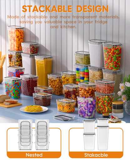 Airtight Food Storage Containers with Lids, 24 PCS Kitchen and Pantry Organization Canisters, BPA-Free, PVC-Free, Food-grade Plastic Leak-proof Jars for Cereal, Flour, Sugar, Extra 24 Labels & Marker