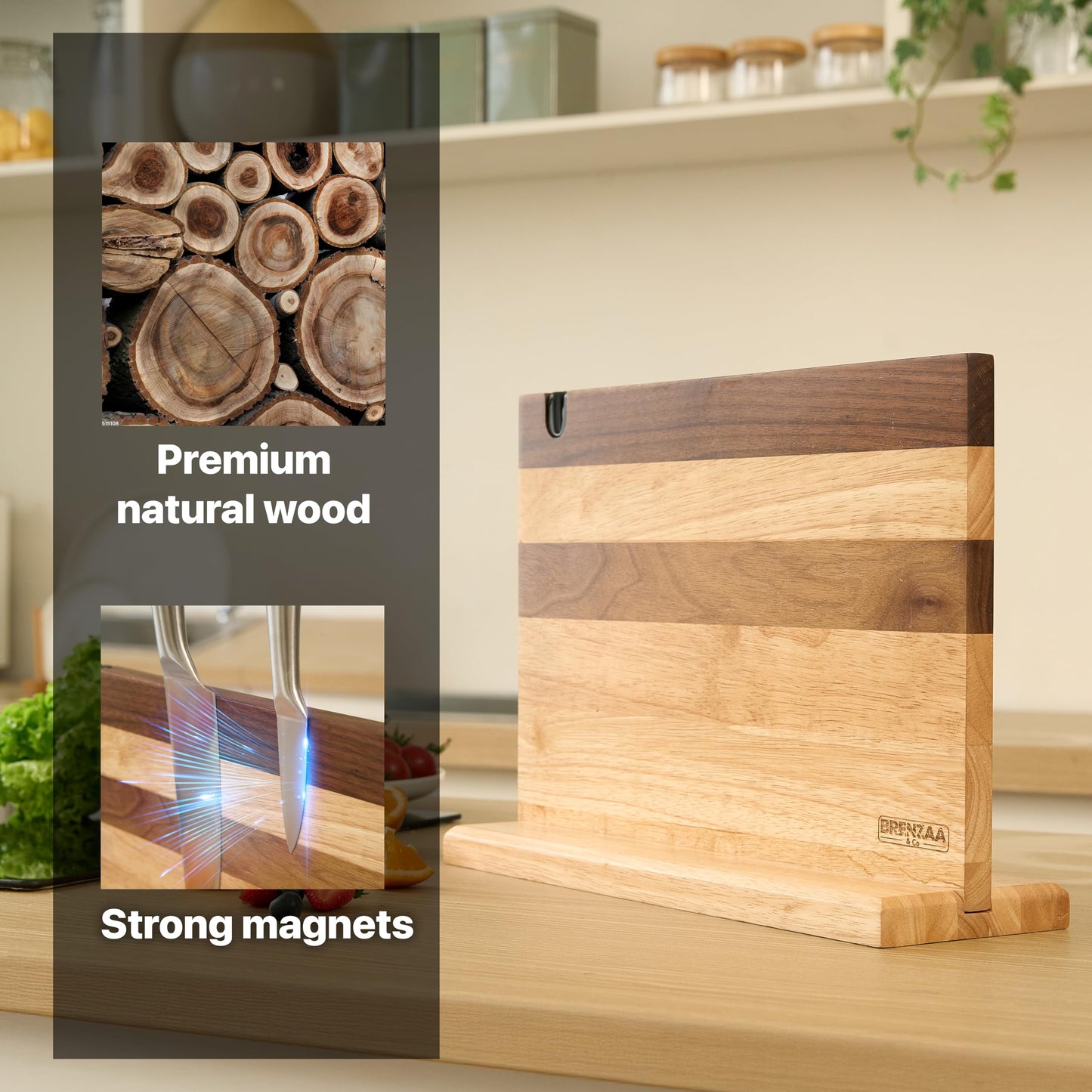 BRENZAA Magnetic Knife Block with Built-in Sharpener, 14 inch Double Sided Wood Knife Holder for Countertop, Universal Knife Stand without Knives (Rubberwood and Walnut Decor)