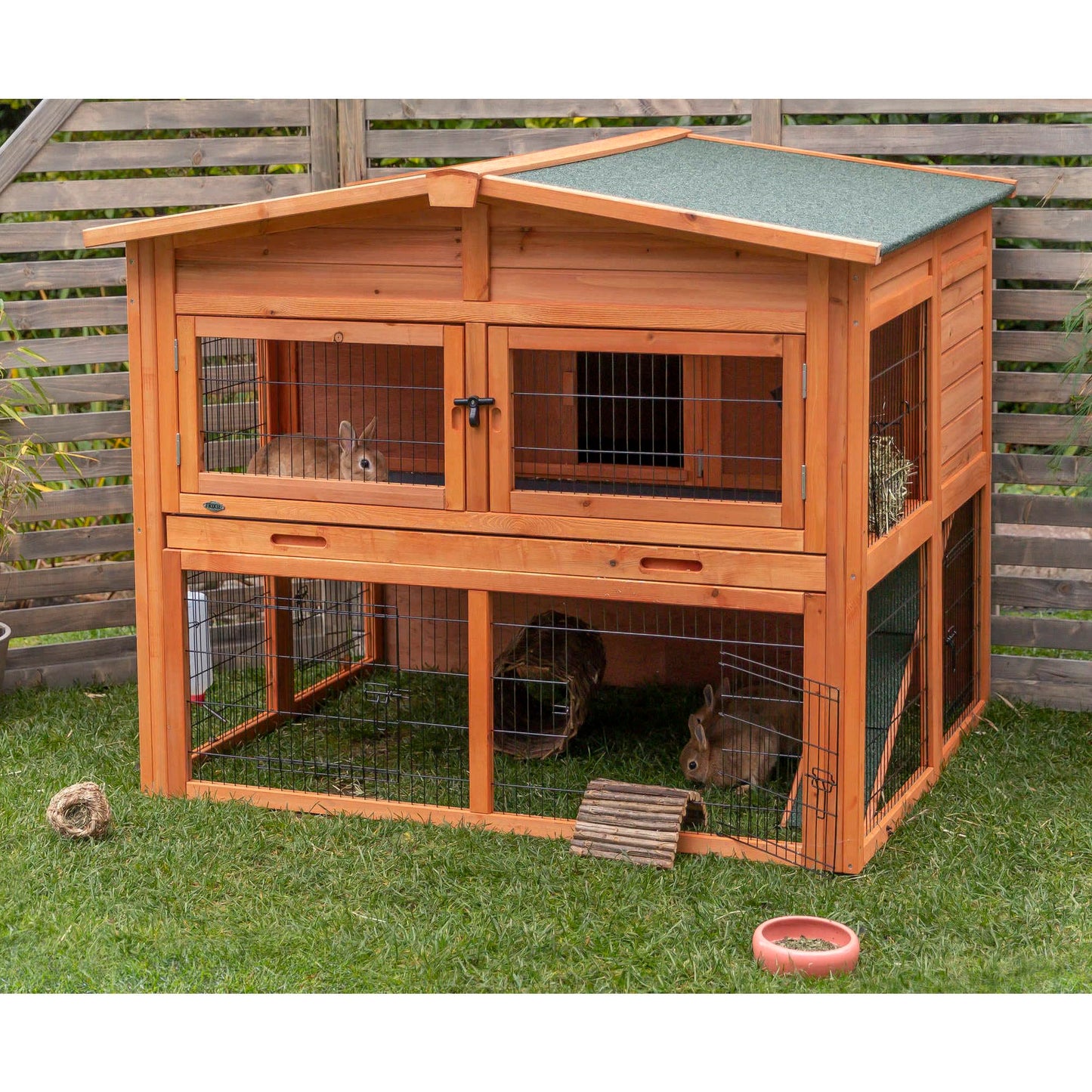 TRIXIE natura Outdoor Deluxe Rabbit Hutch with Run - Large 2-Story Rabbit Cage with Non-Slip Ramp - Elevated Small Animal House with Secure Playpen, Hinged Roof & Two Pull-Out Trays - in Natural