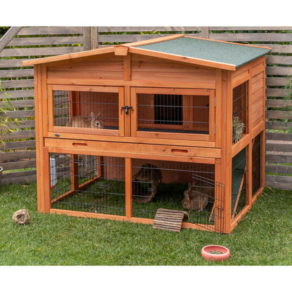 TRIXIE natura Outdoor Deluxe Rabbit Hutch with Run - Large 2-Story Rabbit Cage with Non-Slip Ramp - Elevated Small Animal House with Secure Playpen, Hinged Roof & Two Pull-Out Trays - in Natural