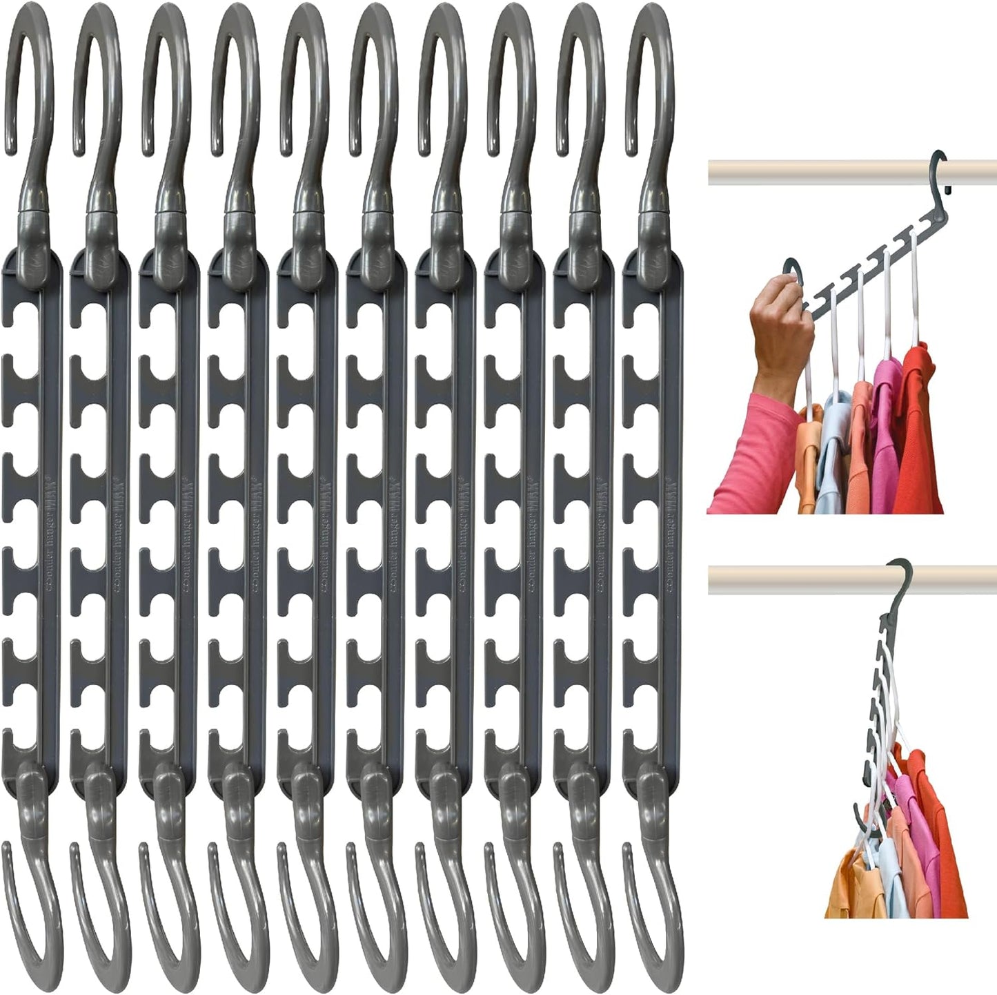 Wonder Hanger Max Space-Saving Hangers - 10-Pack with 360° Swivel Hooks | Ideal for Dorms & Closets - Grey