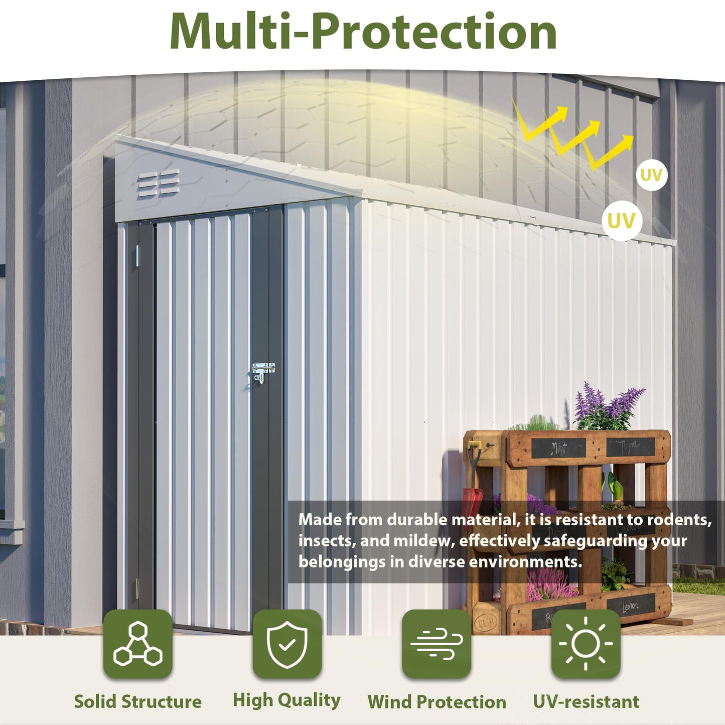 YOPTO 4×7 FT Outdoor Metal Storage Shed,Heavy-Duty Lean to Storage Shed with Lockable Door and Reinforced Beams,All Weather Waterproof Storage House W/2 Air Vents,for Backyard,Patio,Lawn,White