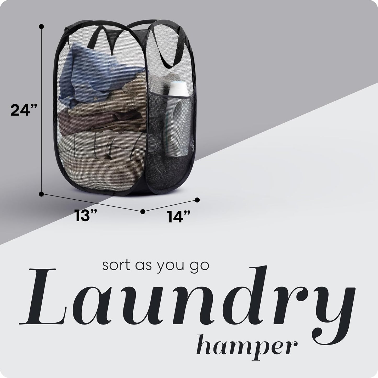 Handy Laundry Collapsible Mesh Pop Up Hamper, Wide Opening with Side Pocket - Sturdy, Foldable Design (Black | 2-Pack)