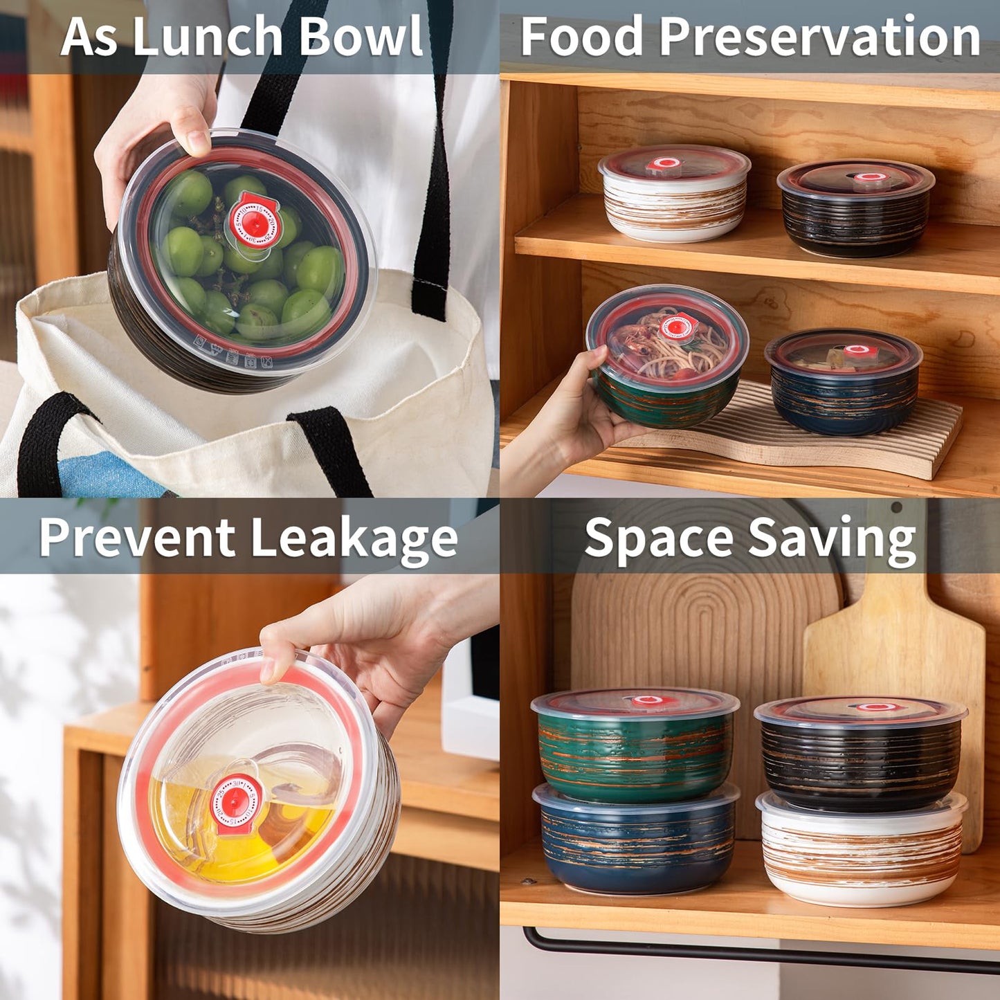 YUN TAO 23 oz Ceramic Bowls with Lids (Set of 4), 6 Inch Airtight Food Storage Containers for Kitchen, Microwave & Oven Safe - Ideal for Cereal, Soup, Salad, Pasta, Ramen