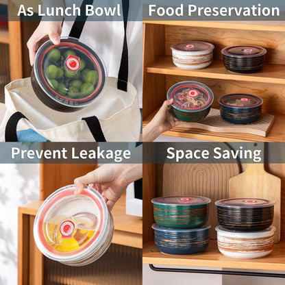 YUN TAO 23 oz Ceramic Bowls with Lids (Set of 4), 6 Inch Airtight Food Storage Containers for Kitchen, Microwave & Oven Safe - Ideal for Cereal, Soup, Salad, Pasta, Ramen