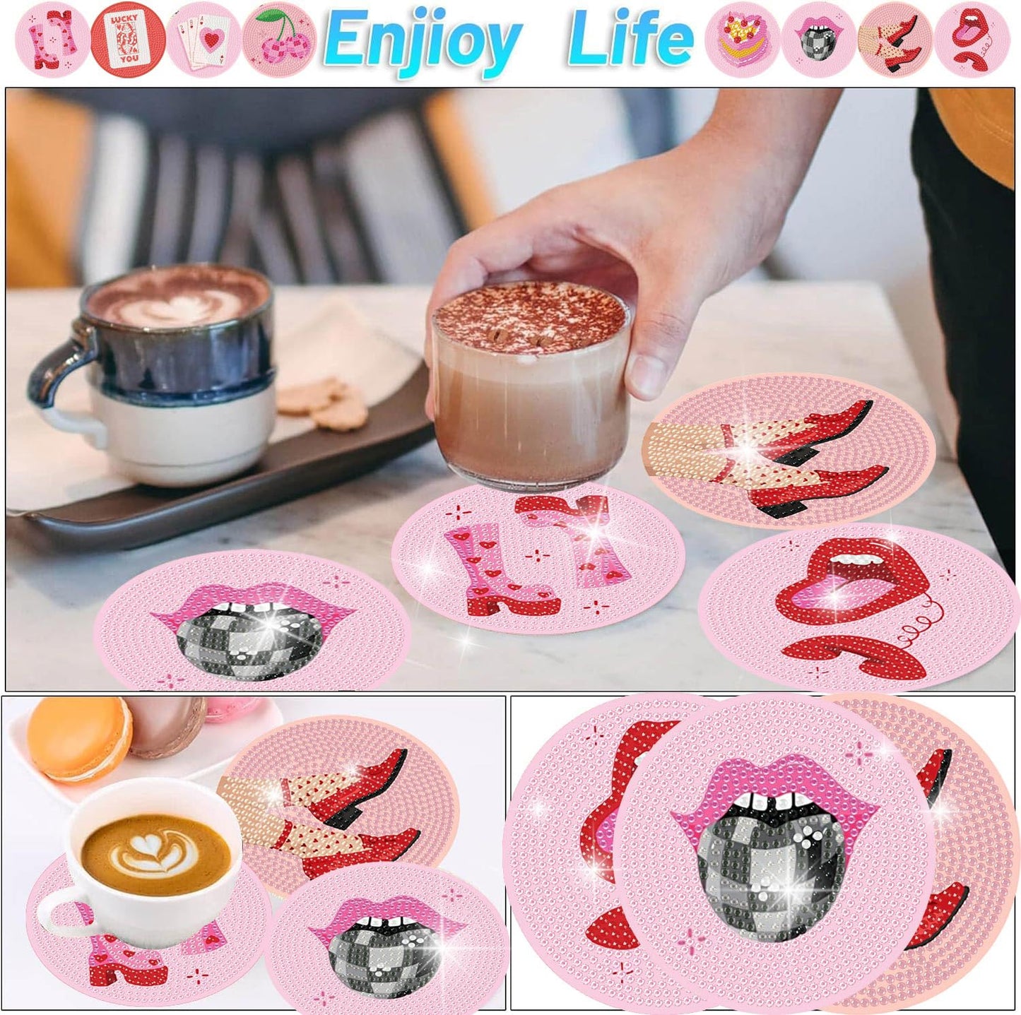 8 Pcs Vintage Diamond Painting Coasters- 5D Disco Diamond Art Coasters Kits， Holder Non Slip Coaster Crystal Sticky for Tabletop Protection and Gifts （3.94x3.94Inch）.