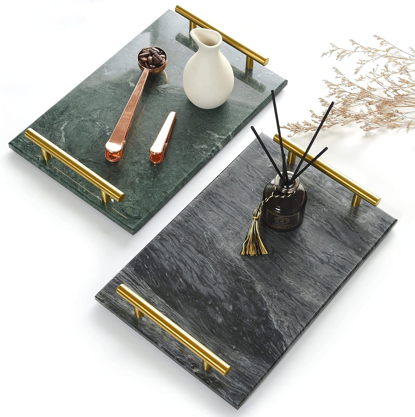 Black Real Marble Tray with Golden Handle, Decorative Natural Stone Tray for Bathroom, Kitchen, Vanity, Nightstand