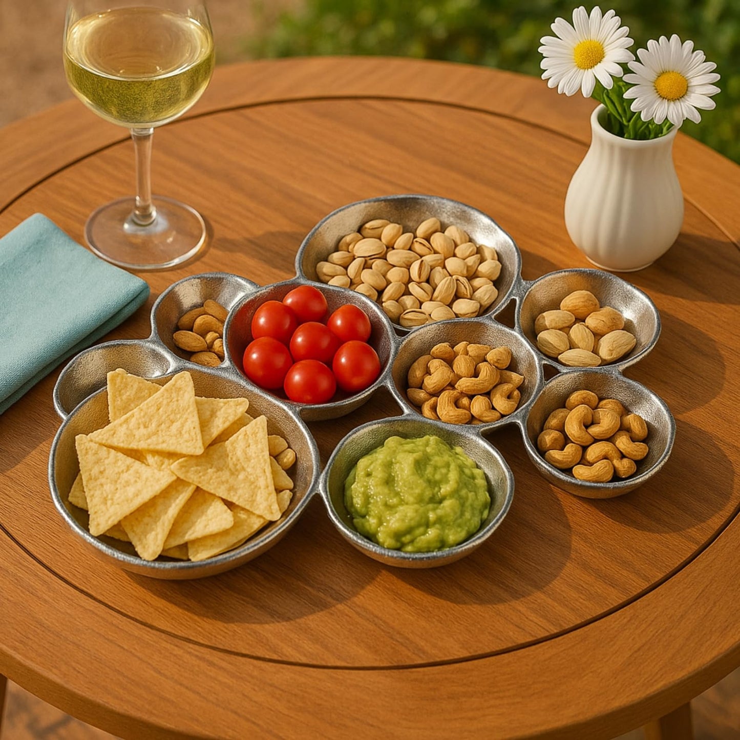 9 Cluster Decorative Bowls Bright Silver Snack Tray Bowl Chip & Dip Serving Piece Strong Brass Centerpiece Beautiful Room Accent & Entertaining Parties Home Decor Wedding Gifts 22 Inch Decorative Gift