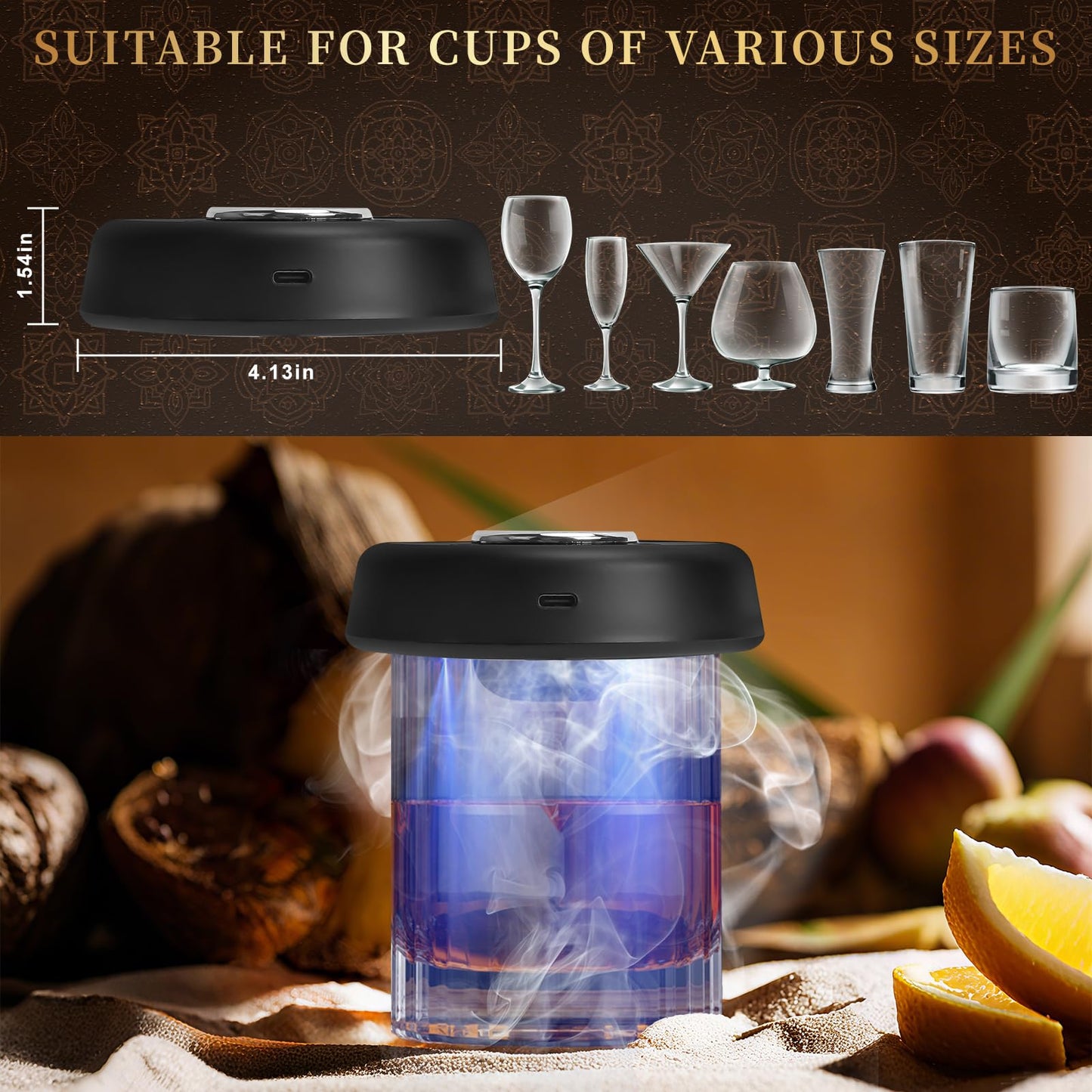 Audoyon Electric Whiskey Smoker Kit with 7-Color Lights, 6 Flavors Wood Chips Cocktail Shaker with Sphere Ice Mold & Stainless Steel Ice Cubes, Old Fashioned Smoker for Father's Day, Gifts for Him