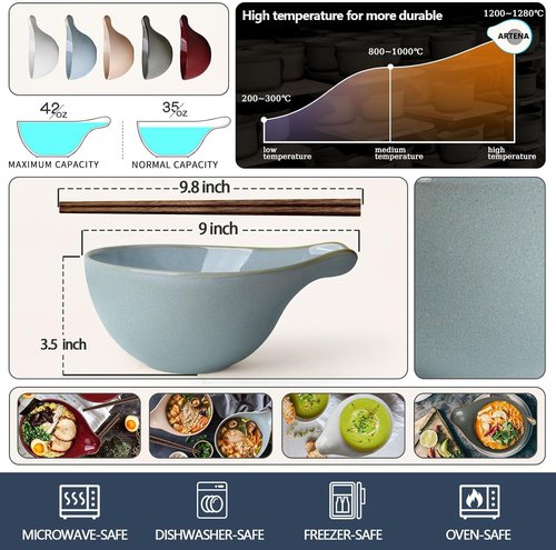 Artena Ramen Bowl Set - 42oz Ceramic Noodle Bowl with Chopsticks | Dishwasher & Microwave Safe, Blue Gourd Design