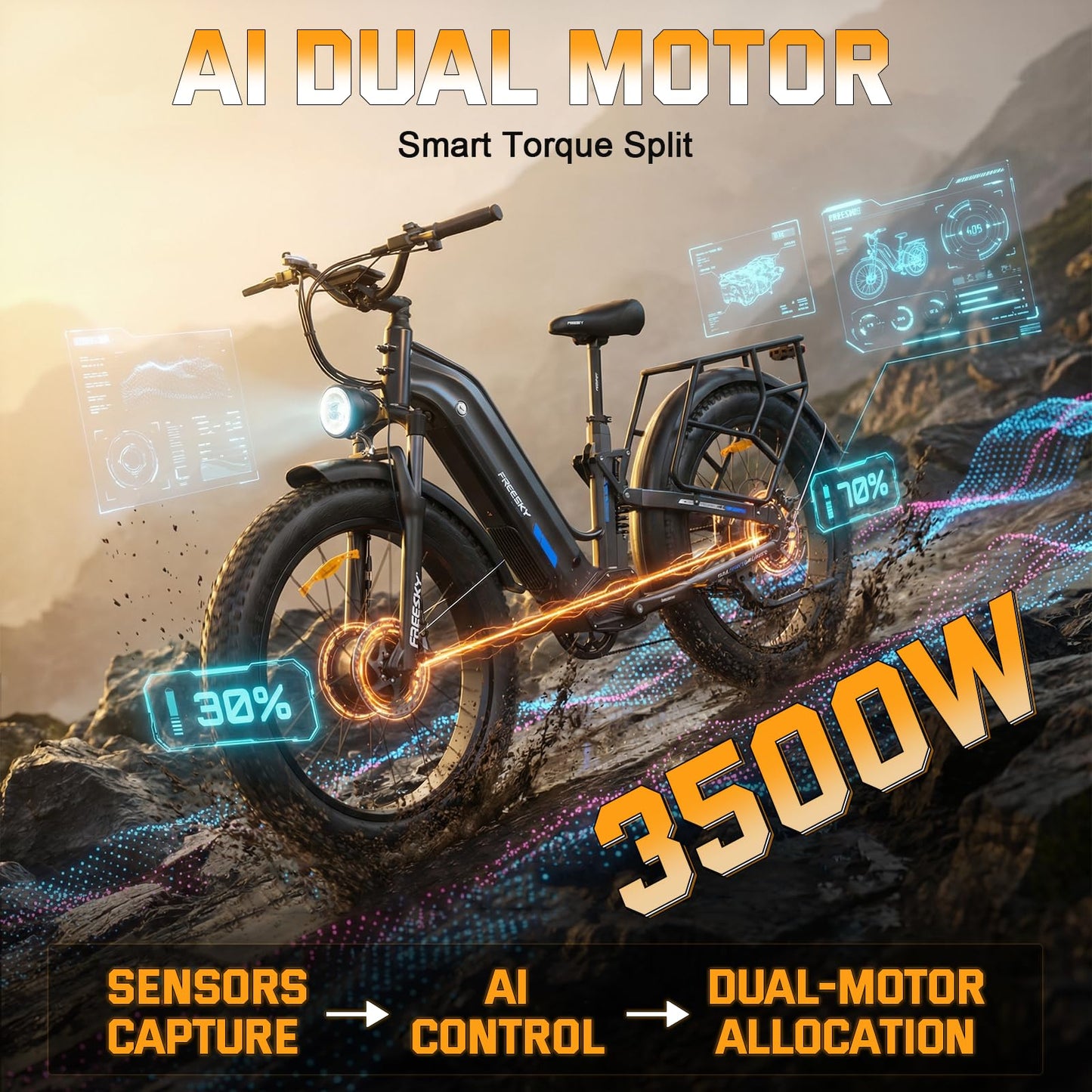 FREESKY Dual Motor Electric Bike for Adults 3500W Fast Ebike 105Miles Long Range 48V 25A Electric Mountain Bike 34MPH Dirt E Bike 26'' Fat Tire Full Suspension Electric Bicycle Women/Man Red-Gift