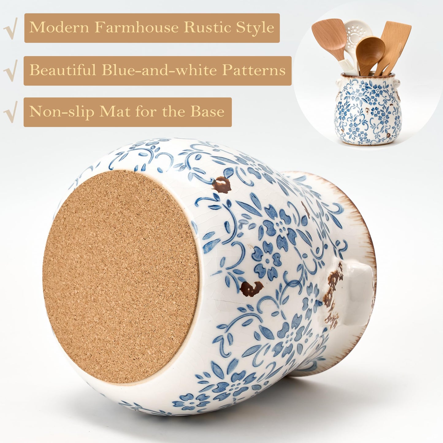 Utensil Holder for Kitchen Counter, Modern Farmhouse Rustic Cooking Utensil Holder and Crock, Exquisite Chinoiserie Floral Ceramic Utensil Organizer for Home Kitchen Decor- Blue and White Porcelain