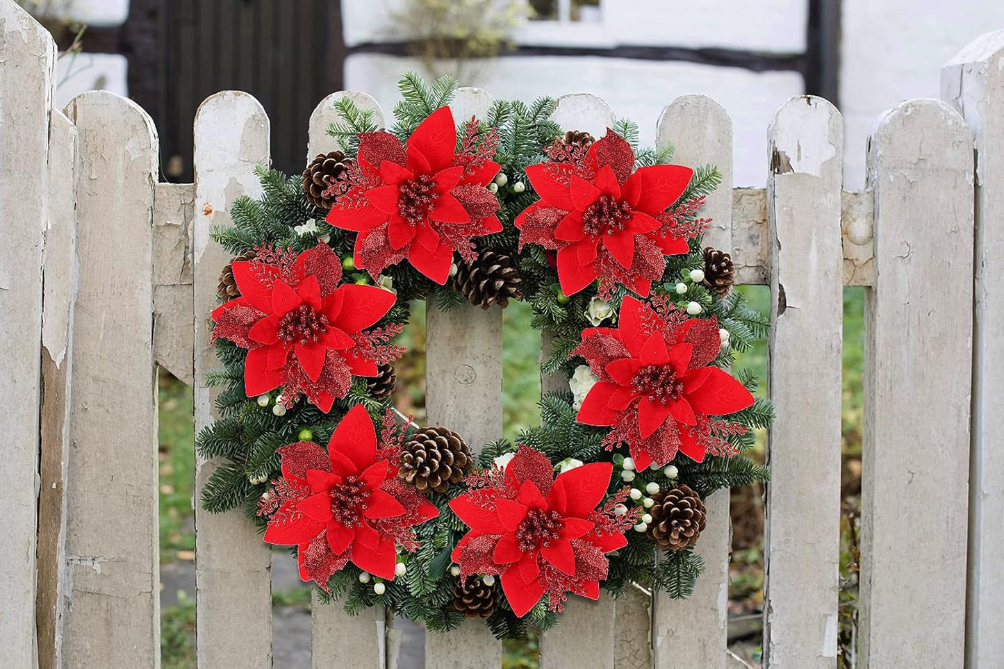 RECUTMS 10 PCS Red Glitter Poinsettia Flowers, Artificial Christmas Decorations for Tree, Wreath, New Year Ornaments