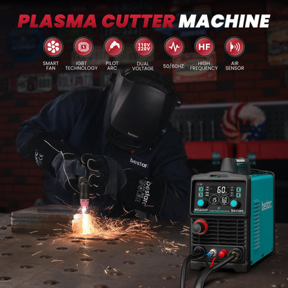 Bestarc Plasma Cutter, [Pilot Arc][Large LED Display][Air Sensor] 60A Plasma Cutter Machine 110/220V Dual Voltage, 1/2 Inch Clean Cut 4/5 Inch Max Cut, Post Flow Mesh, 2T/4T for Beginners DIY
