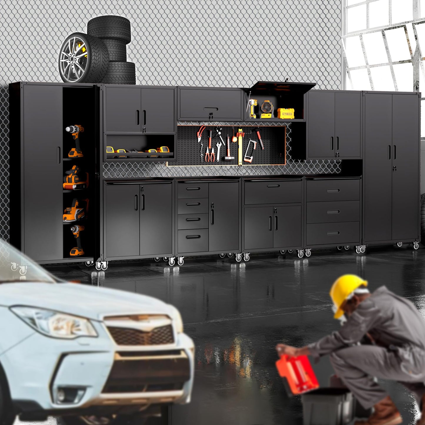 VIYET Metal Tool Cabinet,Garage Storage Cabinet System,Wall Cabinet & Locking Rolling Tool Cabinet with Doors and Adjustable Shelves,Steel Tool Cabinets for Home