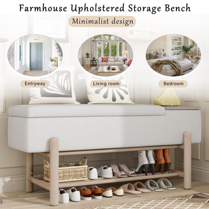 GDFStudio 47.2" Modern Upholstered Shoe Storage Bench with Hidden Compartment and Shoe Rack, Wood Entryway Shoe Organizer Cabinet with Cushion for Bedroom Living Room Hallway, Natural